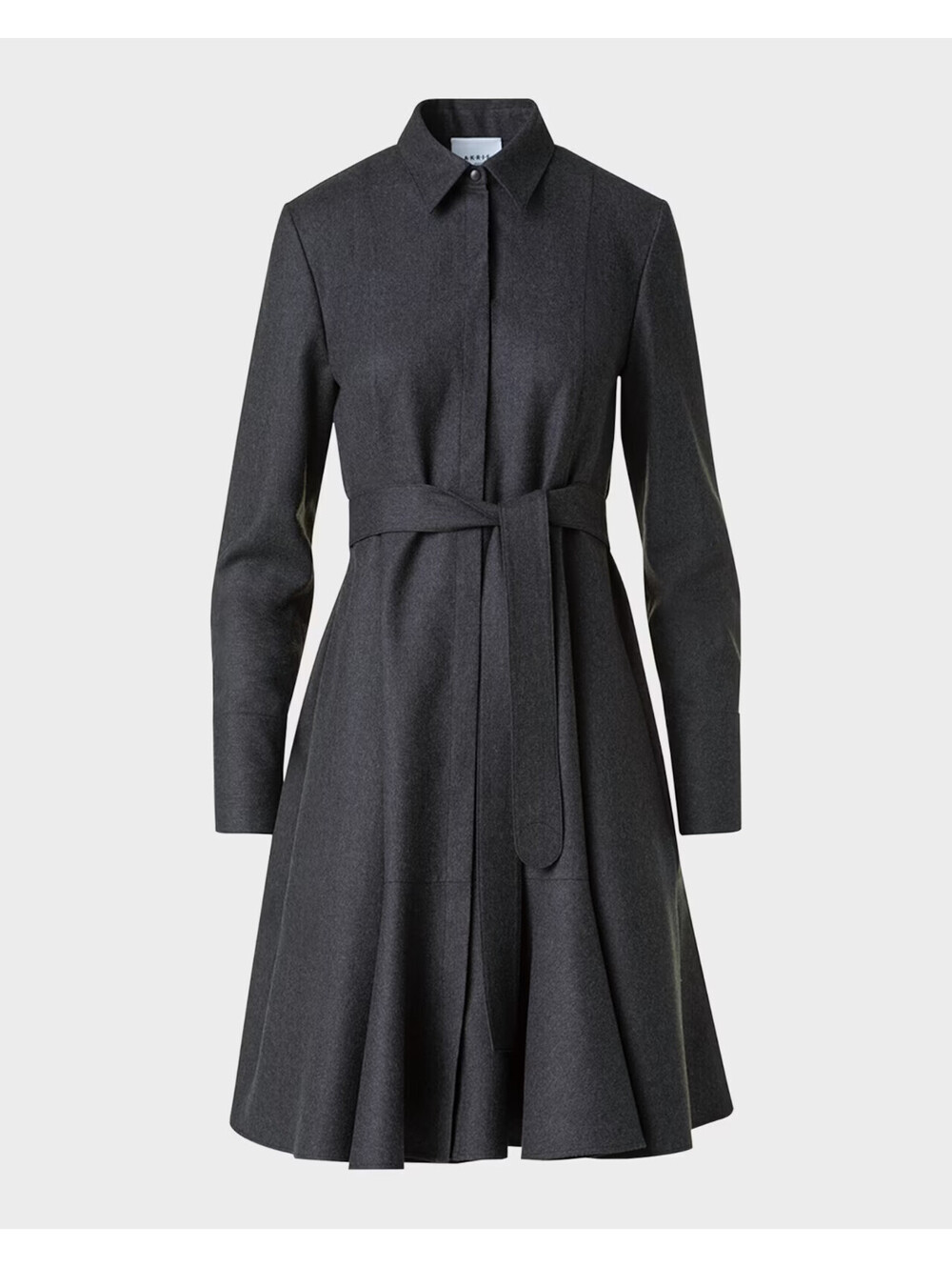 NEW, Akris Long-Sleeve Belted Wool Flannel Shirtdress in Charcoal Sz 10 #DD86